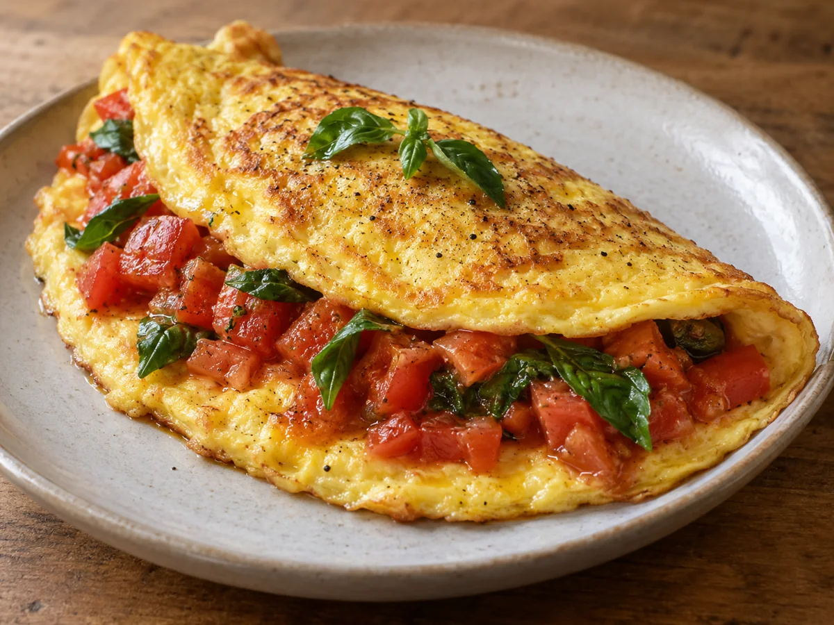 Omelette dorée garnie de tomates et de feuilles de basilic.