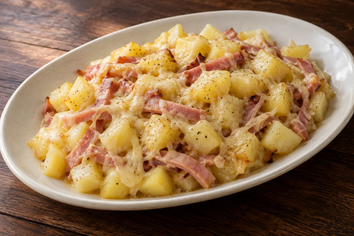 Pommes de terre au jambon et fromage
