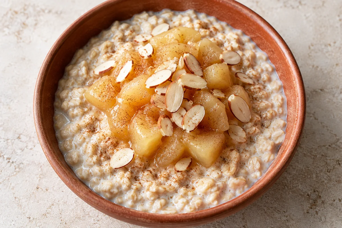 Porridge garni de compote et d’amandes effilées